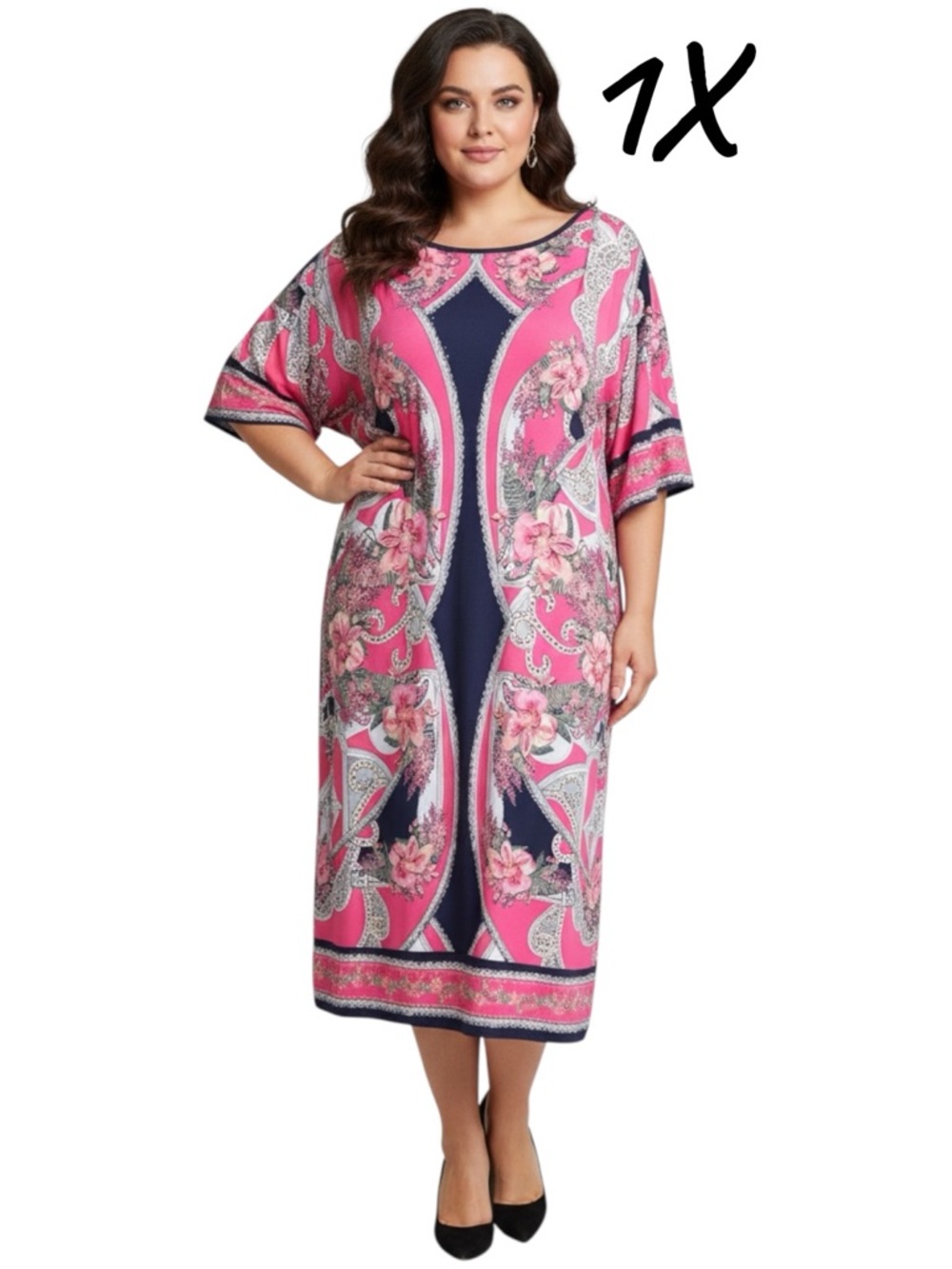 JM Collection Plus Size Pink & Navy Floral Panel Shift Dress. Women’s Size 1X